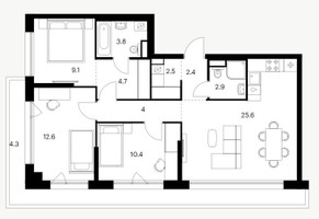 Планировка трехкомнатной(квартира) площадью 82.3 квадратных метров в “ЖК Кутузовский квартал”