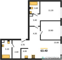 Планировка двухкомнатной(квартира) площадью 63.4 квадратных метров в “ЖК НАЗАРÉ (Мангазея в Богородском)”