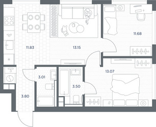 Планировка двухкомнатной(квартира) площадью 60.04 квадратных метров в ЖК “ЖК TATE (Тэйт)”
