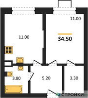Планировка однокомнатной(квартира) площадью 34.5 квадратных метров в “ЖК Видный берег 2”