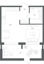 Планировка однокомнатной(квартира) площадью 37.3 квадратных метров в ЖК “ЖК Равновесие”
