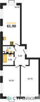 Планировка двухкомнатной(квартира) площадью 61.9 квадратных метров в “ЖК Лучи-2”