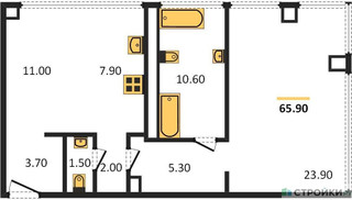 Планировка однокомнатной(квартира) площадью 65.7 квадратных метров в “Роскошный квартал Life Time”