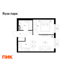 Планировка однокомнатной(квартира) площадью 32.6 квадратных метров в ЖК “ЖК Яуза Парк (Мытищи)”