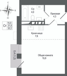 Планировка студии(квартира) площадью 31.8 квадратных метров в ЖК “ЖК КИНОКВАРТАЛ”
