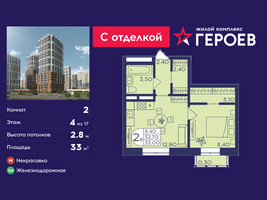 Планировка двухкомнатной(квартира) площадью 33 квадратных метров в “ЖК Героев”