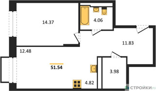 Планировка однокомнатной(квартира) площадью 51.54 квадратных метров в “ЖК Долина Яузы”