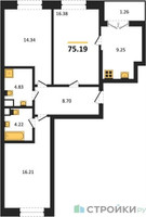 Планировка трехкомнатной(квартира) площадью 75.19 квадратных метров в “ЖК Sezar City (Сезар Сити)”