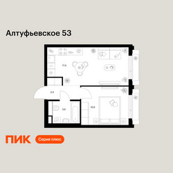 Планировка однокомнатной(квартира) площадью 35 квадратных метров в ЖК “ЖК Алтуфьевское 53”