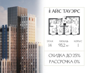 Планировка трехкомнатной(квартира) площадью 93.2 квадратных метров в ЖК “ЖК Айс Тауэрс”