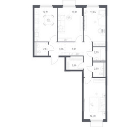 Планировка трехкомнатной(квартира) площадью 78.36 квадратных метров в ЖК “ЖК Мытищи Парк”