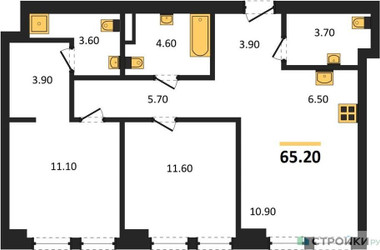 Планировка двухкомнатной(квартира) площадью 65.2 квадратных метров в ЖК “ЖК АУРА”