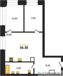 Планировка двухкомнатной(квартира) площадью 56.3 квадратных метров в ЖК “ЖК Voice Towers (Войс Тауэрс)”