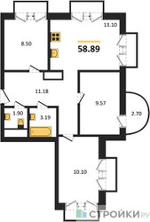 Планировка трехкомнатной(квартира) площадью 58.89 квадратных метров в ЖК “ЖК ВОСТОК II”