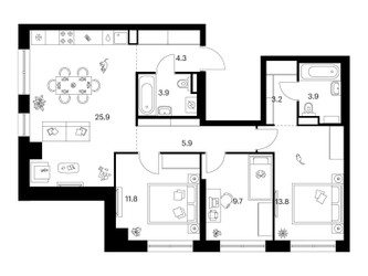 Планировка трехкомнатной(квартира) площадью 82.4 квадратных метров в ЖК “Нарвин”
