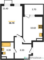 Планировка однокомнатной(квартира) площадью 38.7 квадратных метров в “ЖК Скандинавия”