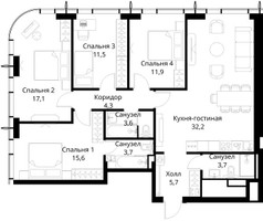 Планировка 4+ комнатной(квартира) площадью 109.3 квадратных метров в “ЖК Сити Бэй”