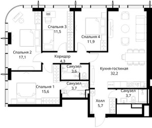 Планировка 4+ комнатной(квартира) площадью 109.3 квадратных метров в ЖК “ЖК Сити Бэй”