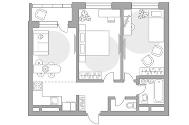 Планировка трехкомнатной(квартира) площадью 56.45 квадратных метров в ЖК “ЖК Ильинойс”