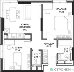 Планировка двухкомнатной(квартира) площадью 54.9 квадратных метров в ЖК “ЖК Clementine (Клементин)”