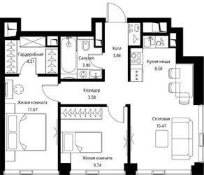 Планировка двухкомнатной(квартира) площадью 55.91 квадратных метров в ЖК “ЖК Сити Бэй”