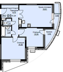 Планировка двухкомнатной(квартира) площадью 62.1 квадратных метров в ЖК “ЖК Соболевка”
