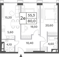 Планировка двухкомнатной(квартира) площадью 80 квадратных метров в “ЖК Will Towers (Вилл Тауэрс)”