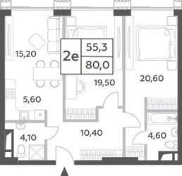 Планировка двухкомнатной(квартира) площадью 80 квадратных метров в ЖК “ЖК Will Towers (Вилл Тауэрс)”