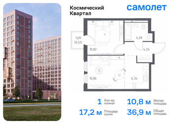 Планировка однокомнатной(квартира) площадью 36.9 квадратных метров в “ЖК Космический Квартал”