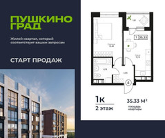 Планировка однокомнатной(квартира) площадью 35.33 квадратных метров в “ЖК Пушкино Град”
