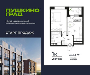 Планировка однокомнатной(квартира) площадью 35.33 квадратных метров в ЖК “ЖК Пушкино Град”
