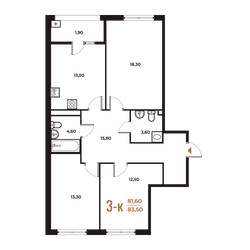 Планировка трехкомнатной(квартира) площадью 83.5 квадратных метров в ЖК “Новое Летово”