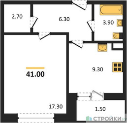 Планировка однокомнатной(квартира) площадью 41 квадратных метров в ЖК “ЖК Малиново”