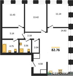 Планировка трехкомнатной(квартира) площадью 82.76 квадратных метров в ЖК “ЖК Insider (Инсайдер)”