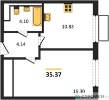 Планировка однокомнатной(квартира) площадью 35.37 квадратных метров в “ЖК Пригород Лесное”