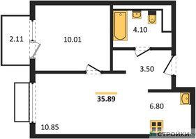 Планировка однокомнатной(квартира) площадью 35.89 квадратных метров в “ЖК Пригород Лесное”