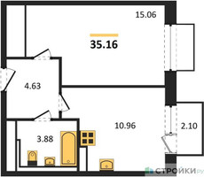 Планировка однокомнатной(квартира) площадью 35.16 квадратных метров в “ЖК Томилино Парк”