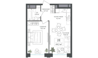 Планировка двухкомнатной(квартира) площадью 44.1 квадратных метров в “ЖК Михалковский”