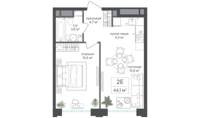 Планировка двухкомнатной(квартира) площадью 44.1 квадратных метров в ЖК “ЖК Михалковский”