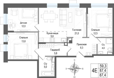 Планировка 4+ комнатной(квартира) площадью 87.4 квадратных метров в ЖК “ЖК КИНОКВАРТАЛ”