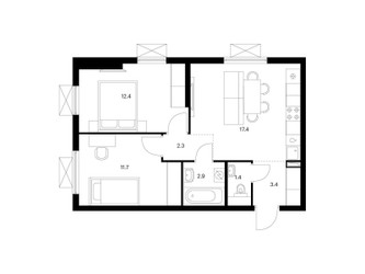 Планировка двухкомнатной(квартира) площадью 51.5 квадратных метров в ЖК “ЖК Яуза Парк (Мытищи)”