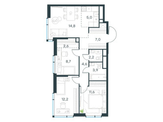 Планировка 4+ комнатной(квартира) площадью 72.6 квадратных метров в ЖК “ЖК Level Мичуринский”
