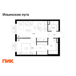 Планировка однокомнатной(квартира) площадью 38.84 квадратных метров в ЖК “ЖК Ильинские луга”