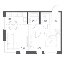 Планировка однокомнатной(квартира) площадью 45.71 квадратных метров в ЖК “ЖК Новое Видное”