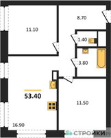 Планировка двухкомнатной(квартира) площадью 53.4 квадратных метров в “ЖК Обручева 30”