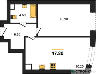 Планировка однокомнатной(квартира) площадью 47.8 квадратных метров в ЖК “ЖК Нагатино Ай-Лэнд”