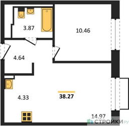 Планировка однокомнатной(квартира) площадью 38.27 квадратных метров в ЖК “ЖК Новое Внуково”