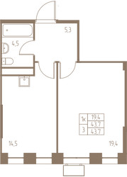 Планировка однокомнатной(квартира) площадью 43.7 квадратных метров в ЖК “ЖК Фабрикант”