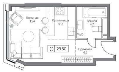 Планировка студии(квартира) площадью 29 квадратных метров в ЖК “ЖК Dream Riva (Дрим Рива)”