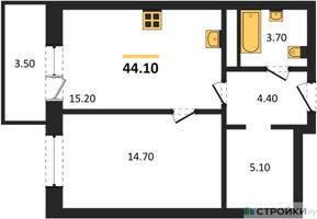Планировка однокомнатной(квартира) площадью 43.7 квадратных метров в “ЖК Одинцовские кварталы”